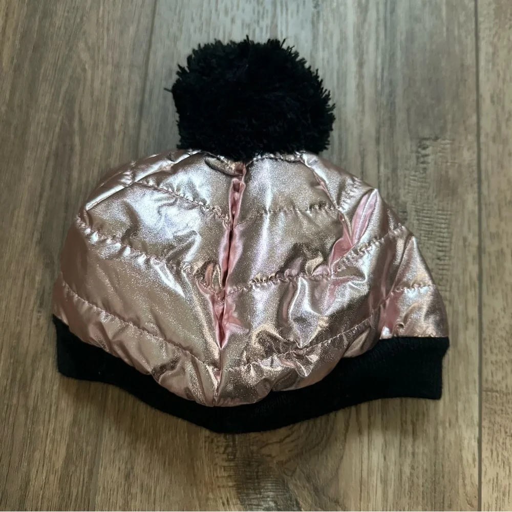 NEW! All in Motion Girl’s Pink and Black Pom-Pom Beanie, Metallic, Girlie, OSFM